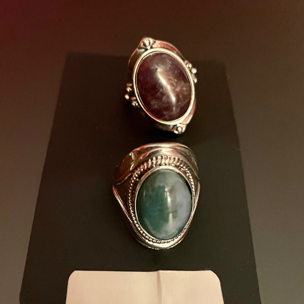 NWT Forever 21 Green and Purple Stone Silver Boho Ring-Set (2pc)
